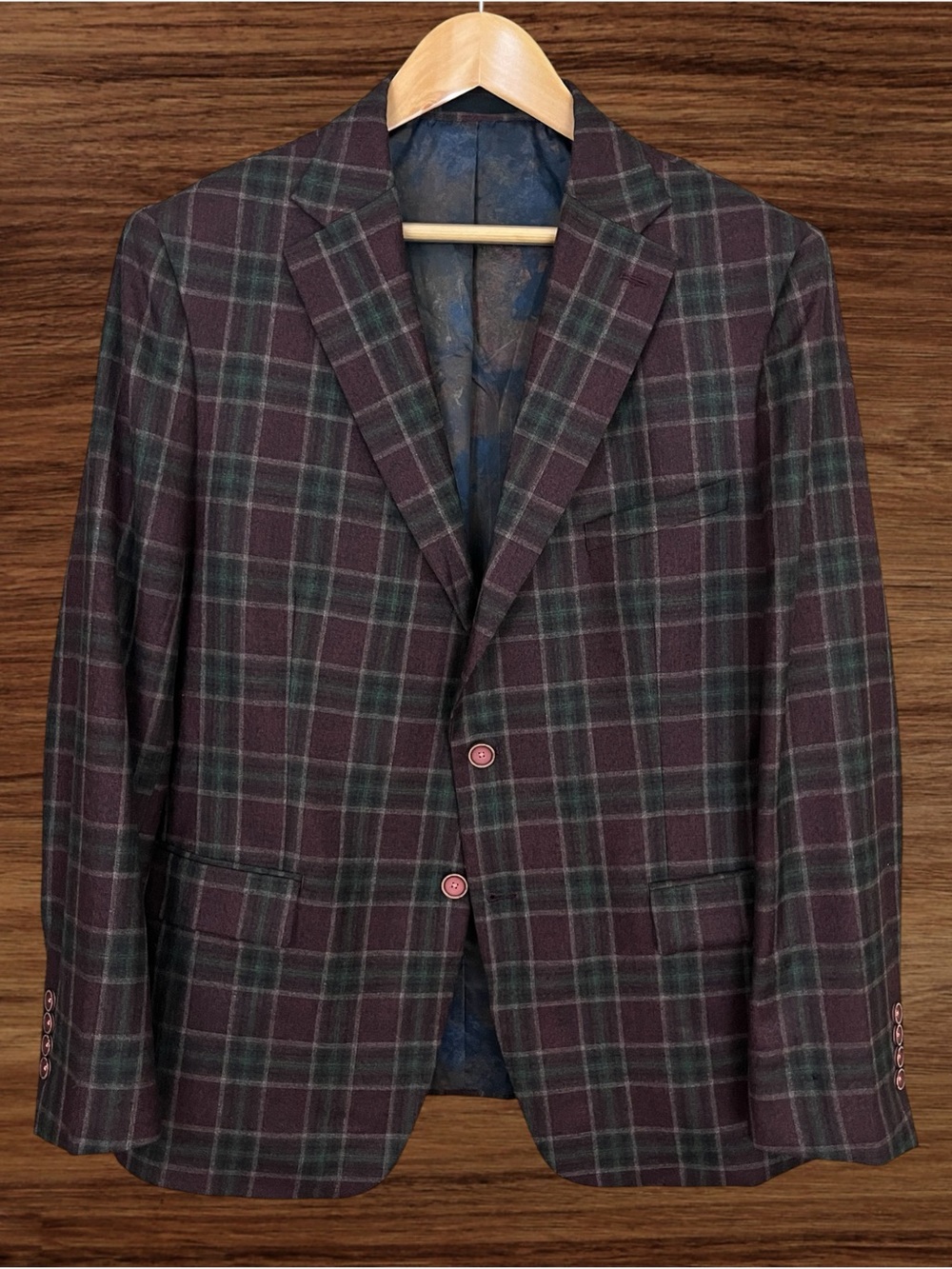 Tallia Wool Blend Burgundy & Green Plaid Blazer Size 46R